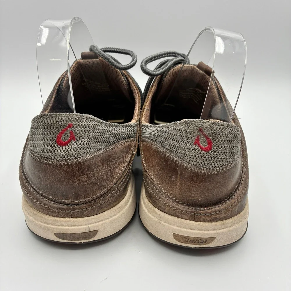 OluKai Makia Leather Boat Shoes Mens 9 EU 42 Brown Gray Lace Up Sneakers
